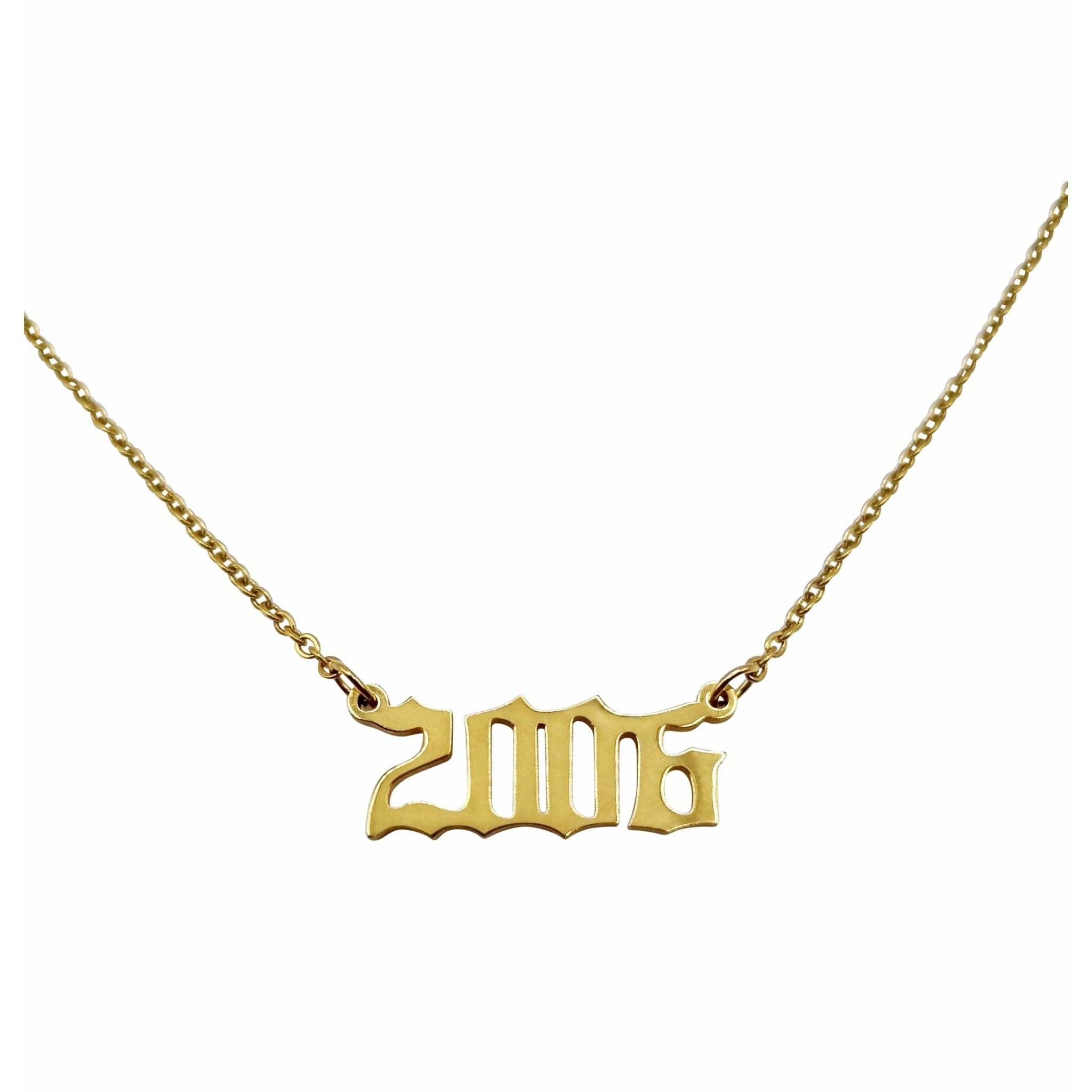 2006 Year Necklace in gold and silver, crafted from tarnish-free stainless steel, featuring an 18-inch chain and 2cm pendant width.