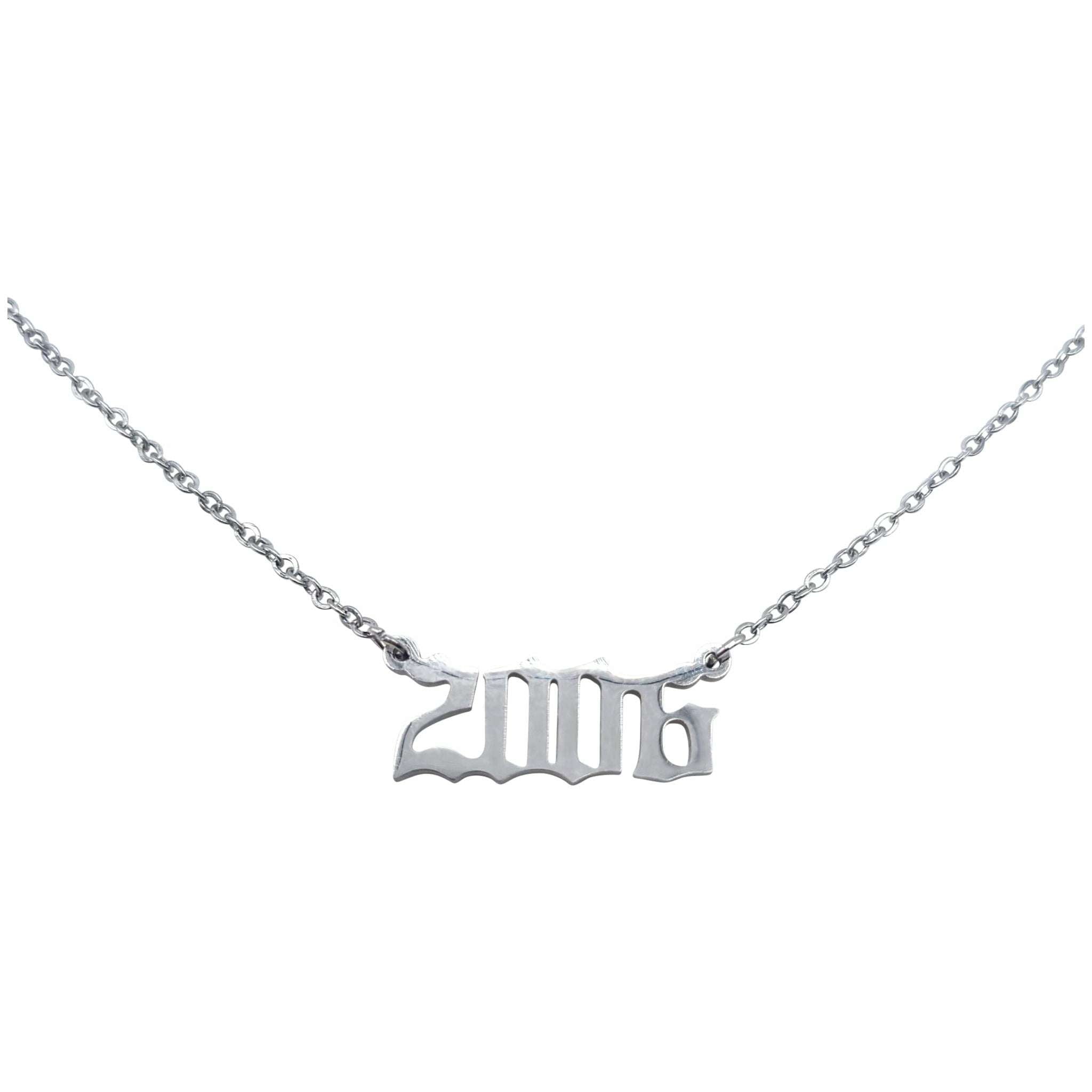 2006 Year Necklace in gold and silver, crafted from tarnish-free stainless steel, featuring an 18-inch chain and 2cm pendant width.