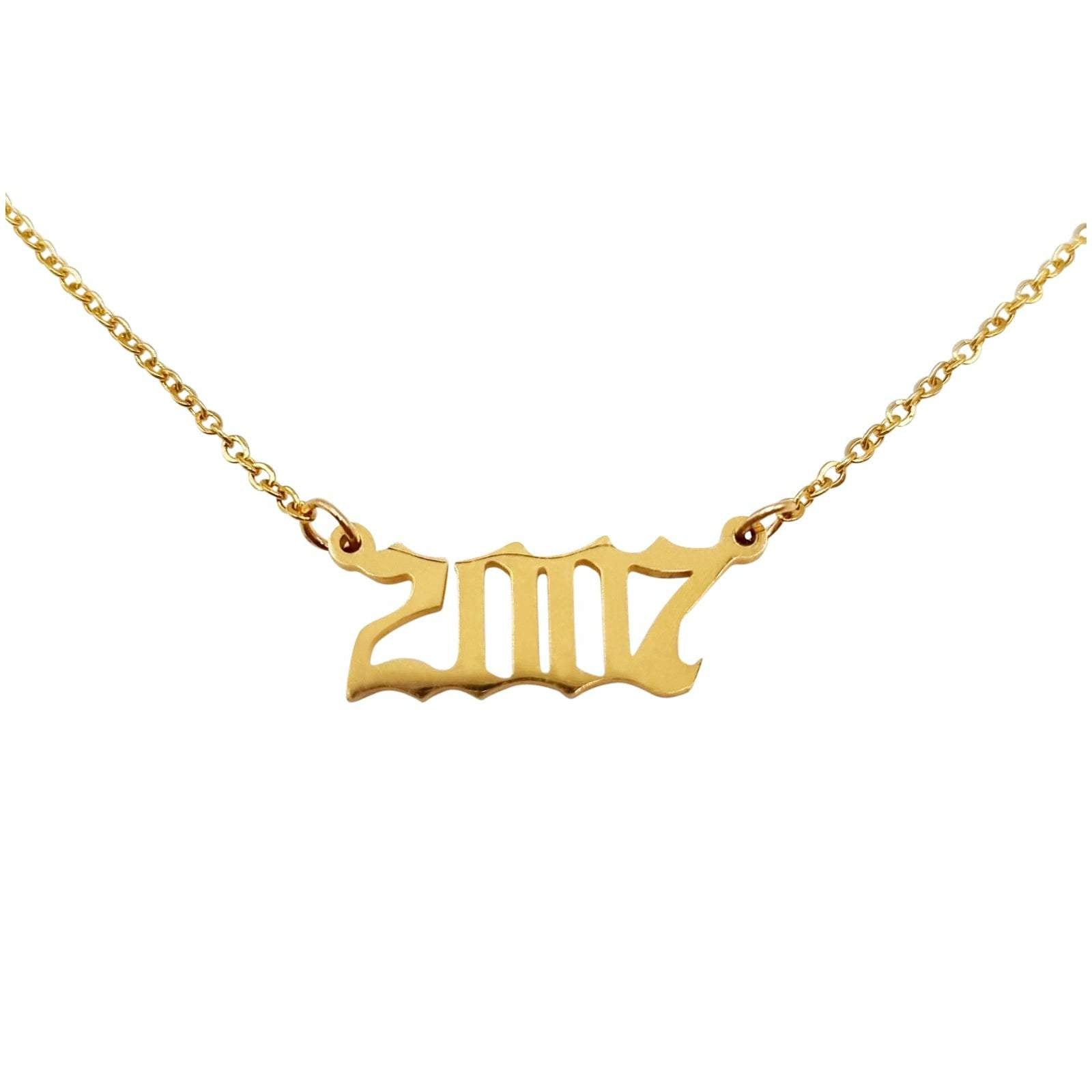 2007 Year Necklace in gold and silver stainless steel, featuring a stylish 2cm pendant on an 18-inch chain.