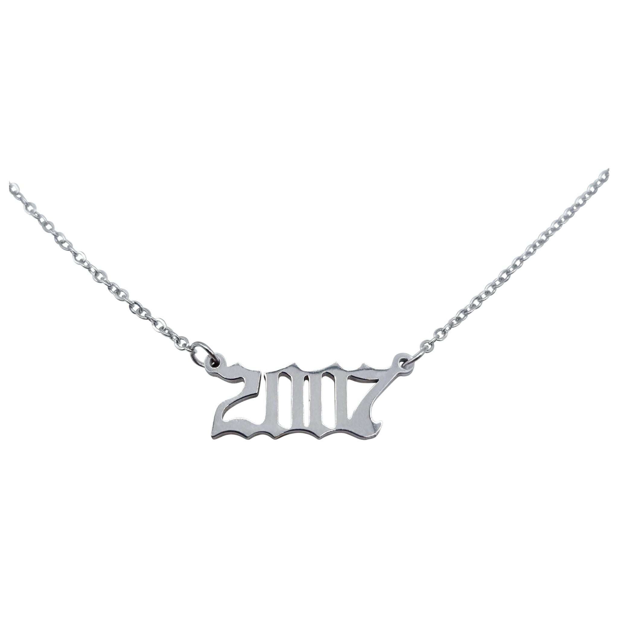 2007 Year Necklace in gold and silver stainless steel, featuring a stylish 2cm pendant on an 18-inch chain.