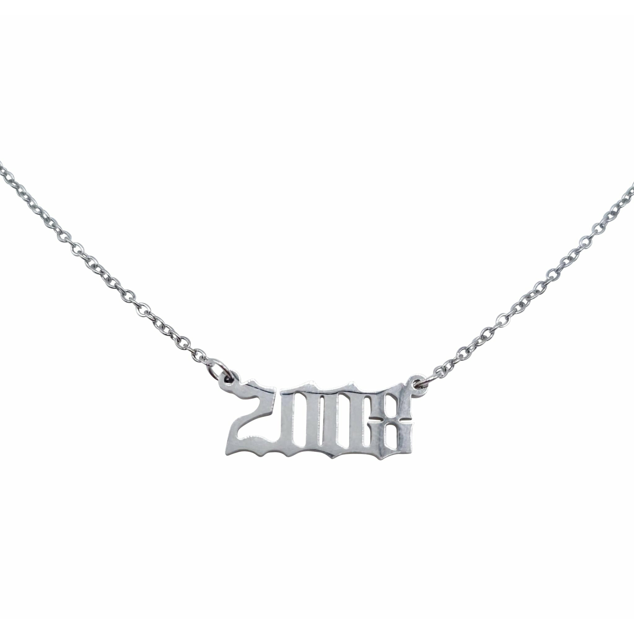 A stylish 2008 Year Necklace made of tarnish-free stainless steel, available in gold and silver finishes, featuring an 18-inch chain and a 2cm wide pendant.