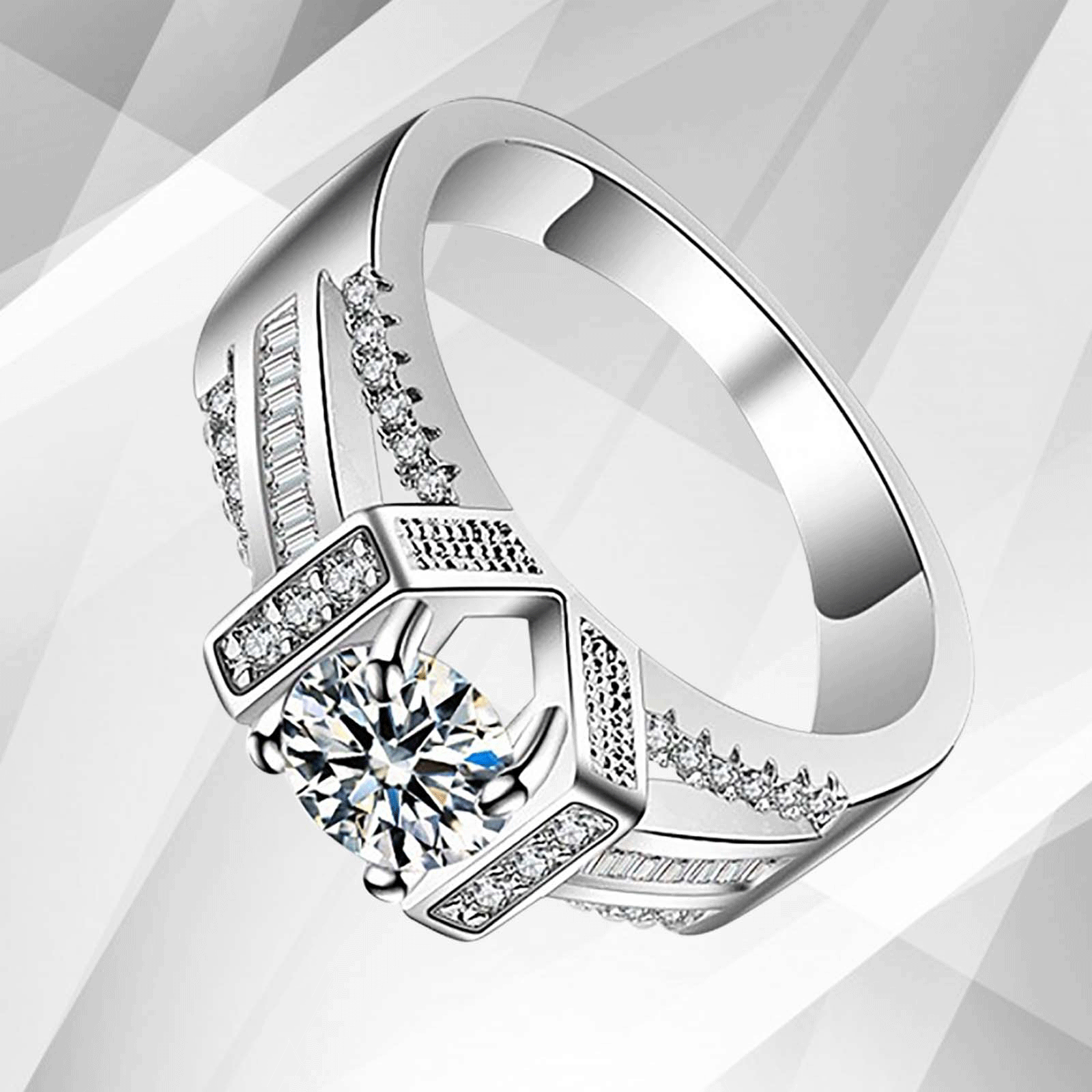 Elegant 2.0Ct round-cut CZ diamond solitaire engagement ring in 18Ct white gold setting, showcasing its brilliant sparkle and pave settings.