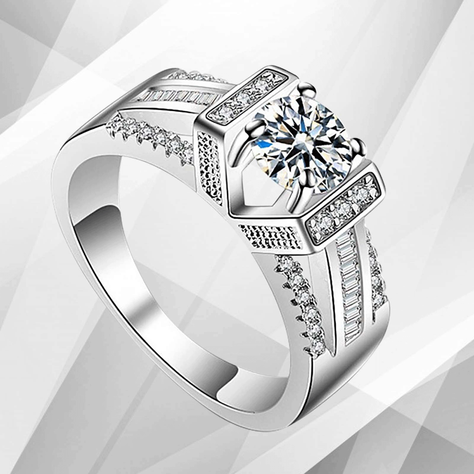 Elegant 2.0Ct round-cut CZ diamond solitaire engagement ring in 18Ct white gold setting, showcasing its brilliant sparkle and pave settings.