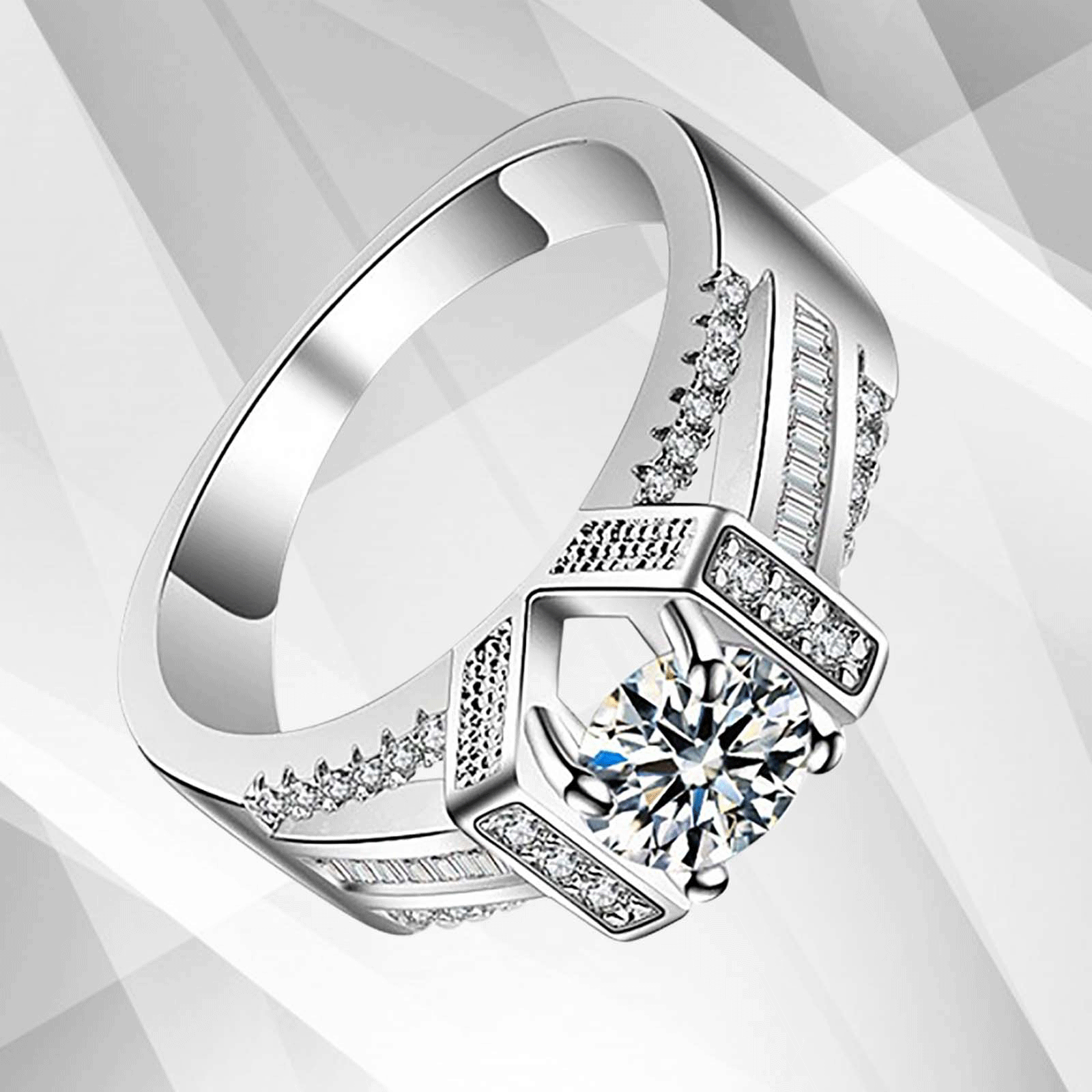 Elegant 2.0Ct round-cut CZ diamond solitaire engagement ring in 18Ct white gold setting, showcasing its brilliant sparkle and pave settings.