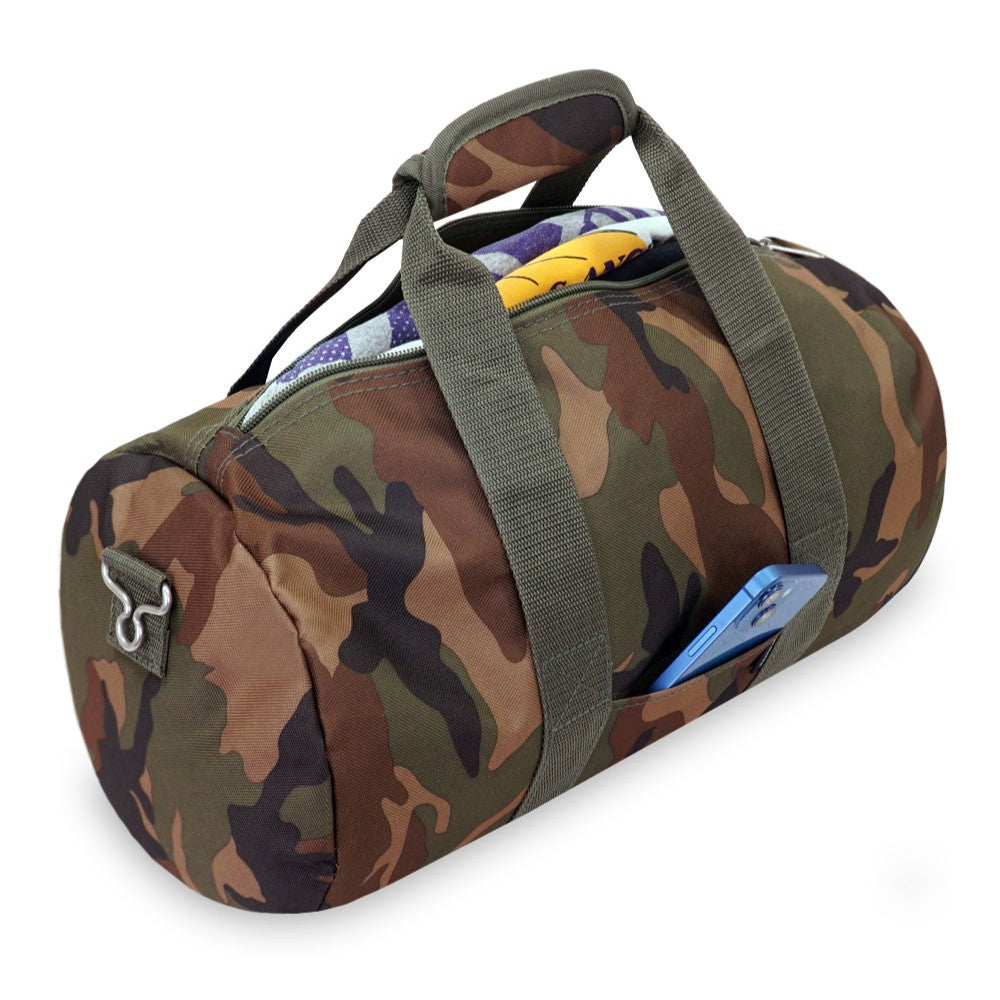 20-inch woodland camo duffel bag with adjustable shoulder strap and zippered compartments.