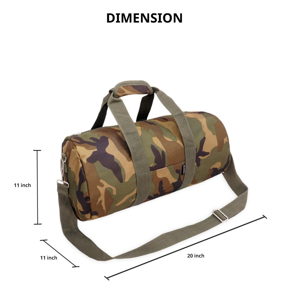 20-inch woodland camo duffel bag with adjustable shoulder strap and zippered compartments.