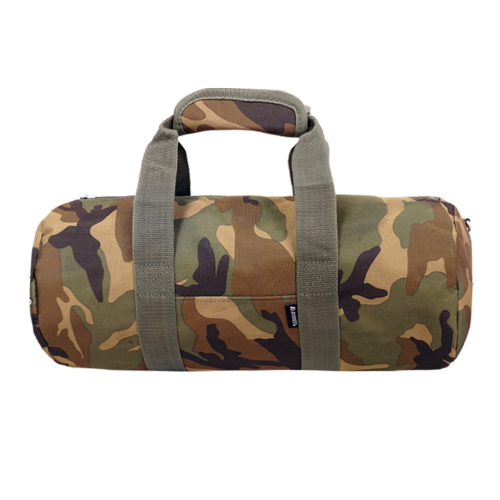 20-inch woodland camo duffel bag with adjustable shoulder strap and zippered compartments.