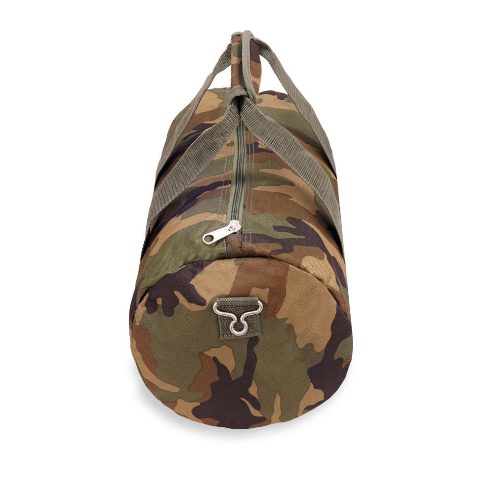 20-inch woodland camo duffel bag with adjustable shoulder strap and zippered compartments.