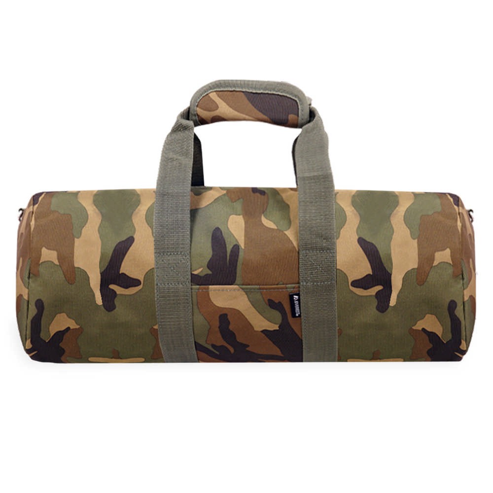 23-Inch Woodland Camo Duffel bag featuring a zippered main compartment, adjustable shoulder strap, and durable polyester material.