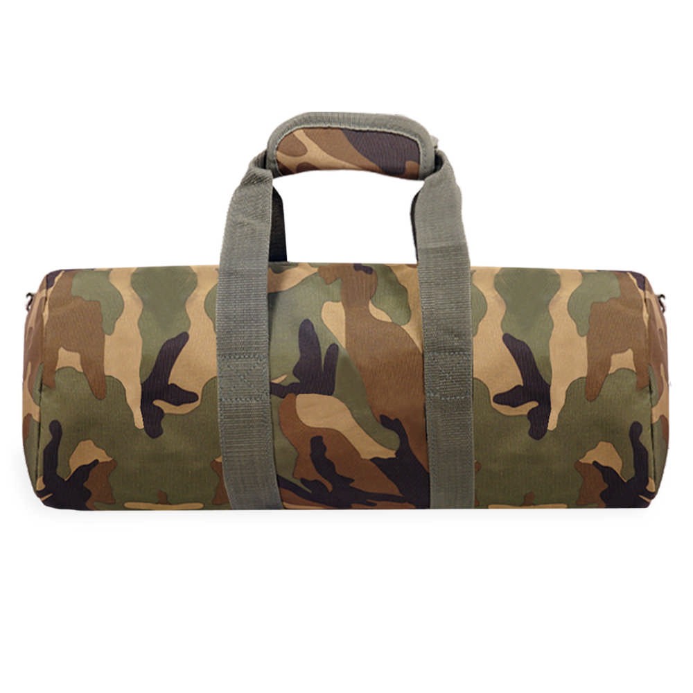 23-Inch Woodland Camo Duffel bag featuring a zippered main compartment, adjustable shoulder strap, and durable polyester material.