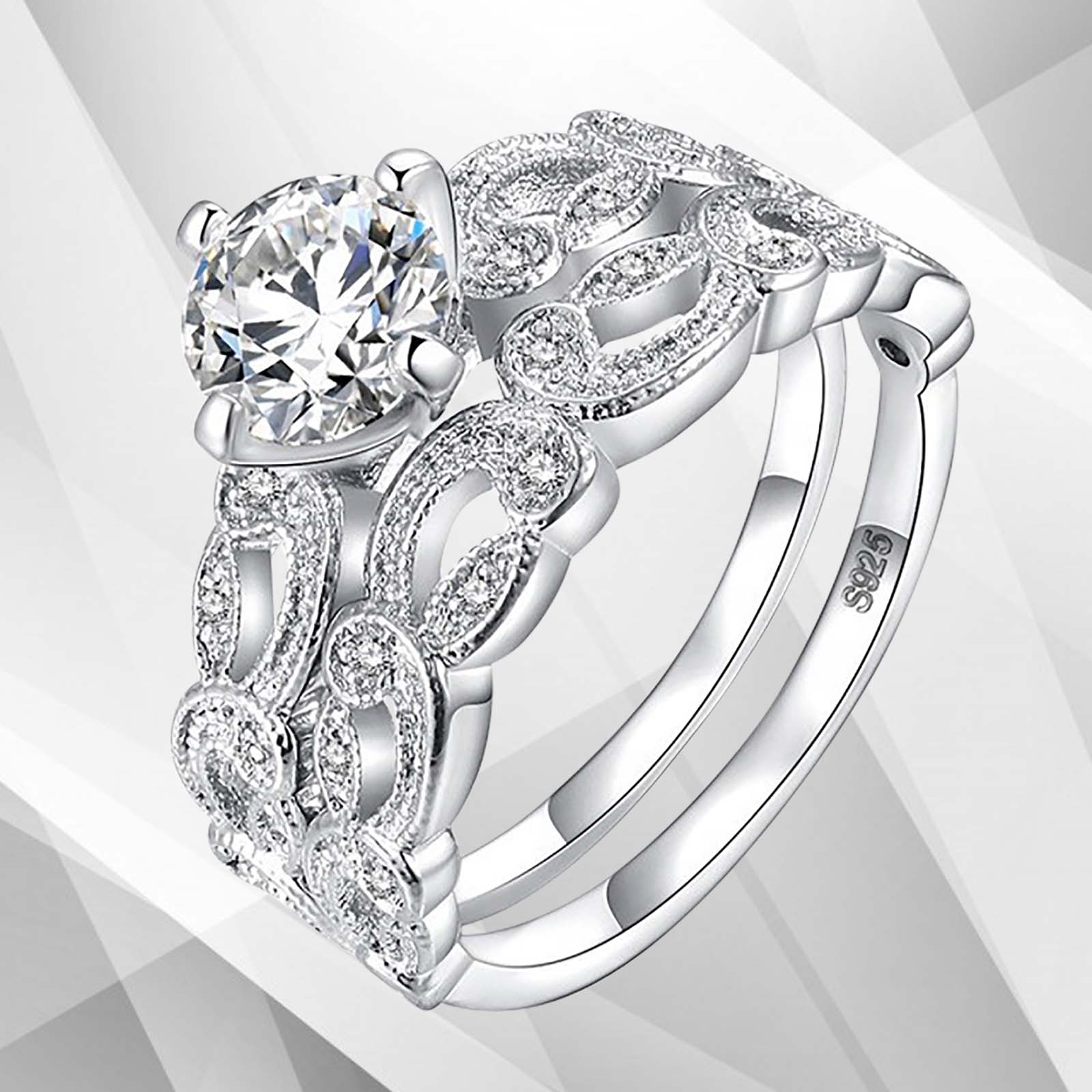 2.50Ct CZ Diamond Sleek Bridal Engagement Double Ring Set in 18Ct White Gold, showcasing a beautiful double ring design with sparkling round-cut diamonds.