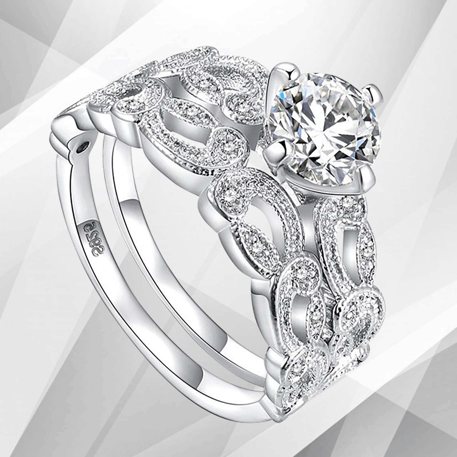 2.50Ct CZ Diamond Sleek Bridal Engagement Double Ring Set in 18Ct White Gold, showcasing a beautiful double ring design with sparkling round-cut diamonds.