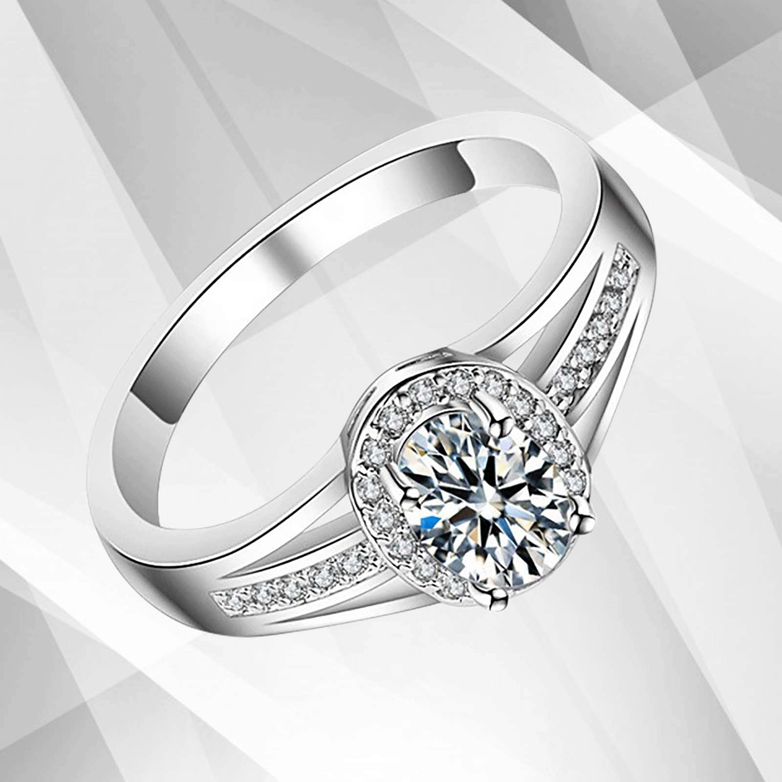 2.5Ct oval-cut diamond cushion halo engagement ring in 18K white gold, featuring a central diamond surrounded by smaller stones in a pave setting.