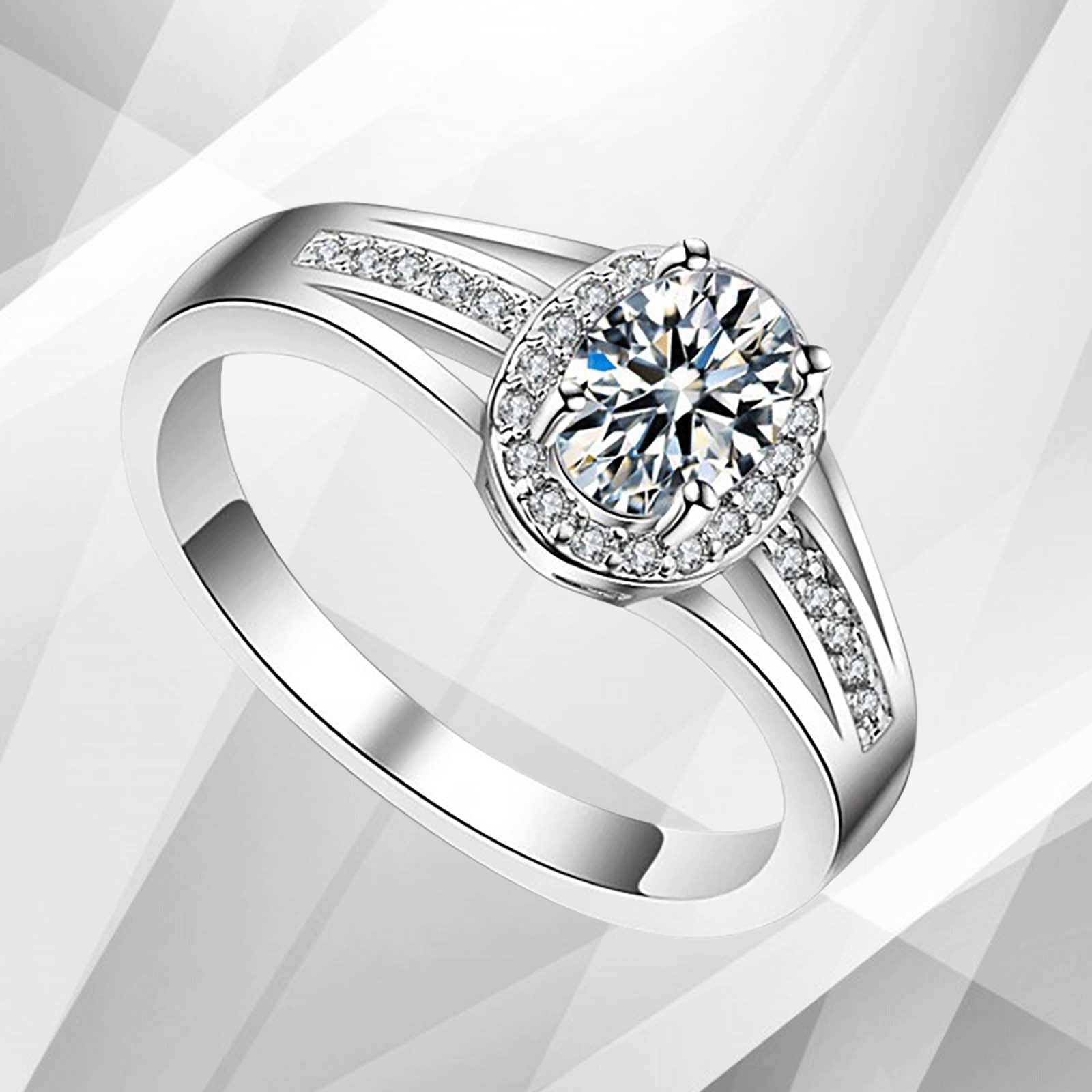 2.5Ct oval-cut diamond cushion halo engagement ring in 18K white gold, featuring a central diamond surrounded by smaller stones in a pave setting.