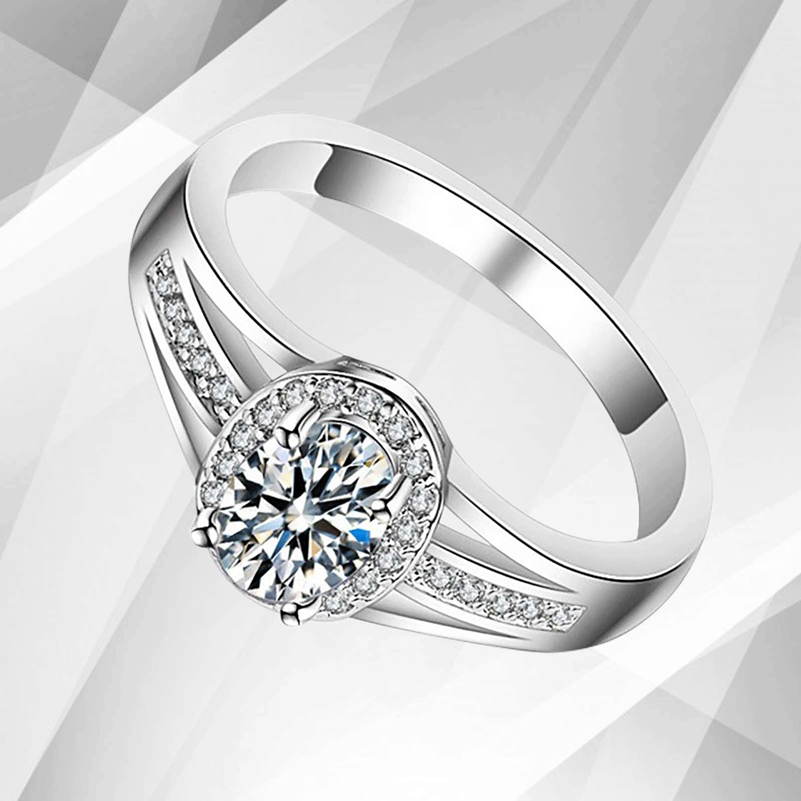 2.5Ct oval-cut diamond cushion halo engagement ring in 18K white gold, featuring a central diamond surrounded by smaller stones in a pave setting.