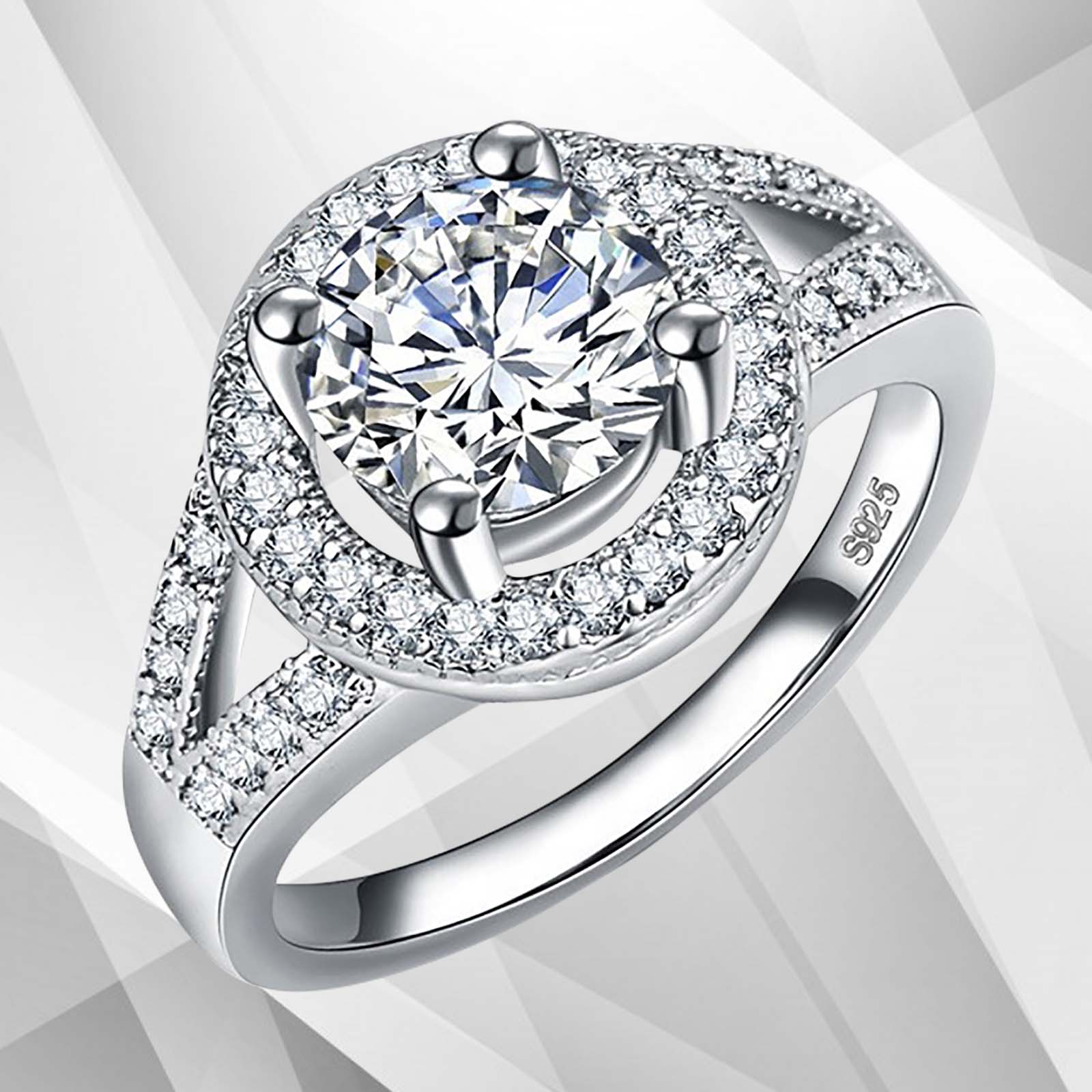 2.5Ct Round-Cut Diamonds Cushion Halo Bridal Engagement Ring in 18K white gold, featuring a central round diamond surrounded by a halo of smaller stones.