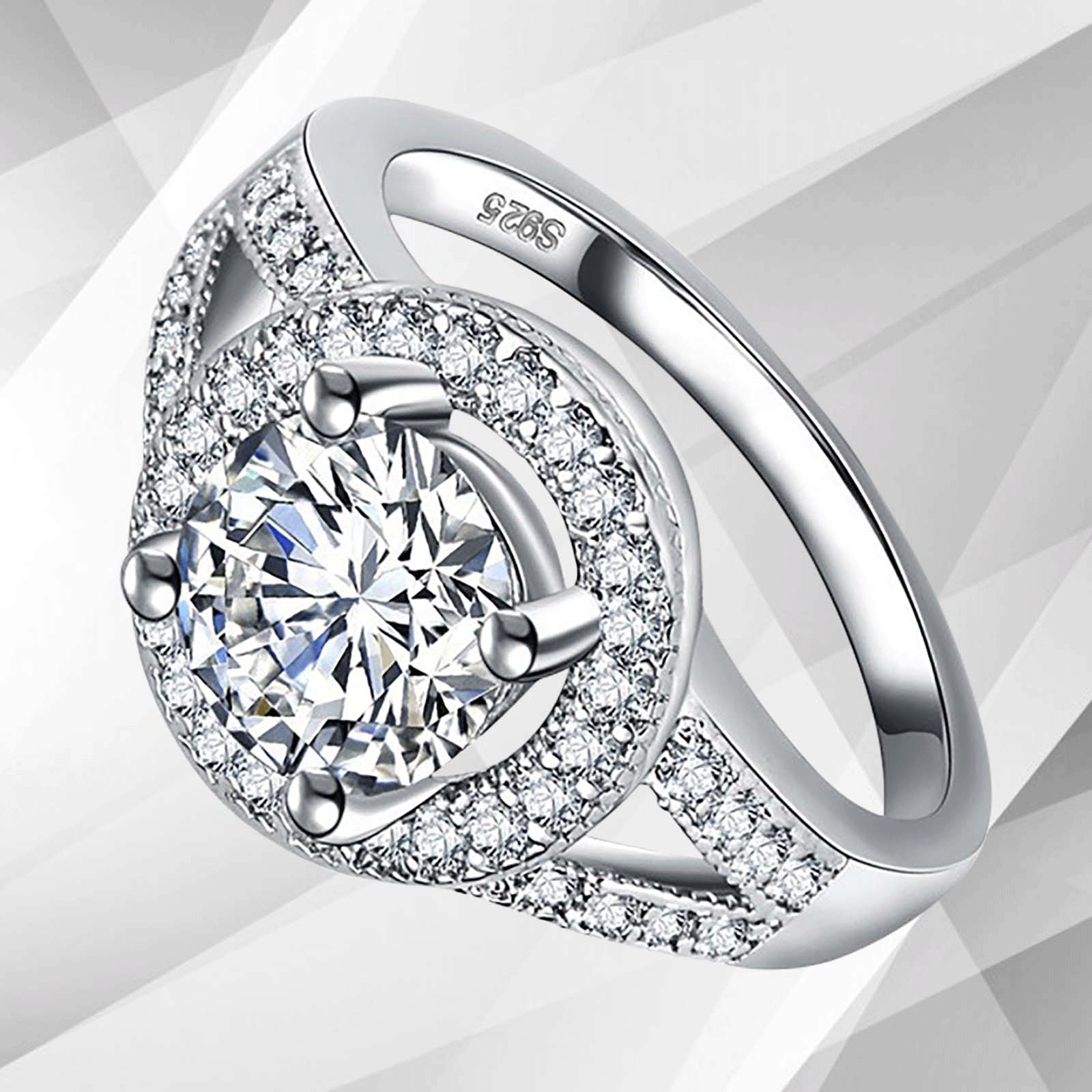 2.5Ct Round-Cut Diamonds Cushion Halo Bridal Engagement Ring in 18K white gold, featuring a central round diamond surrounded by a halo of smaller stones.