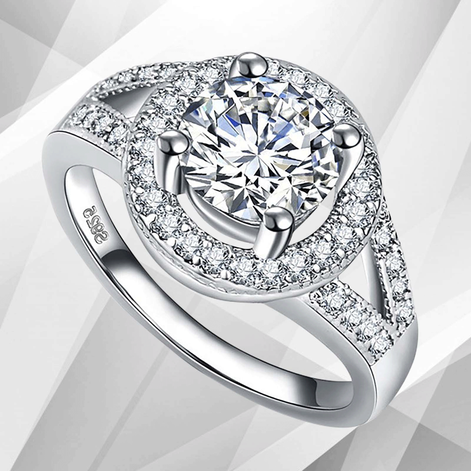 2.5Ct Round-Cut Diamonds Cushion Halo Bridal Engagement Ring in 18K white gold, featuring a central round diamond surrounded by a halo of smaller stones.