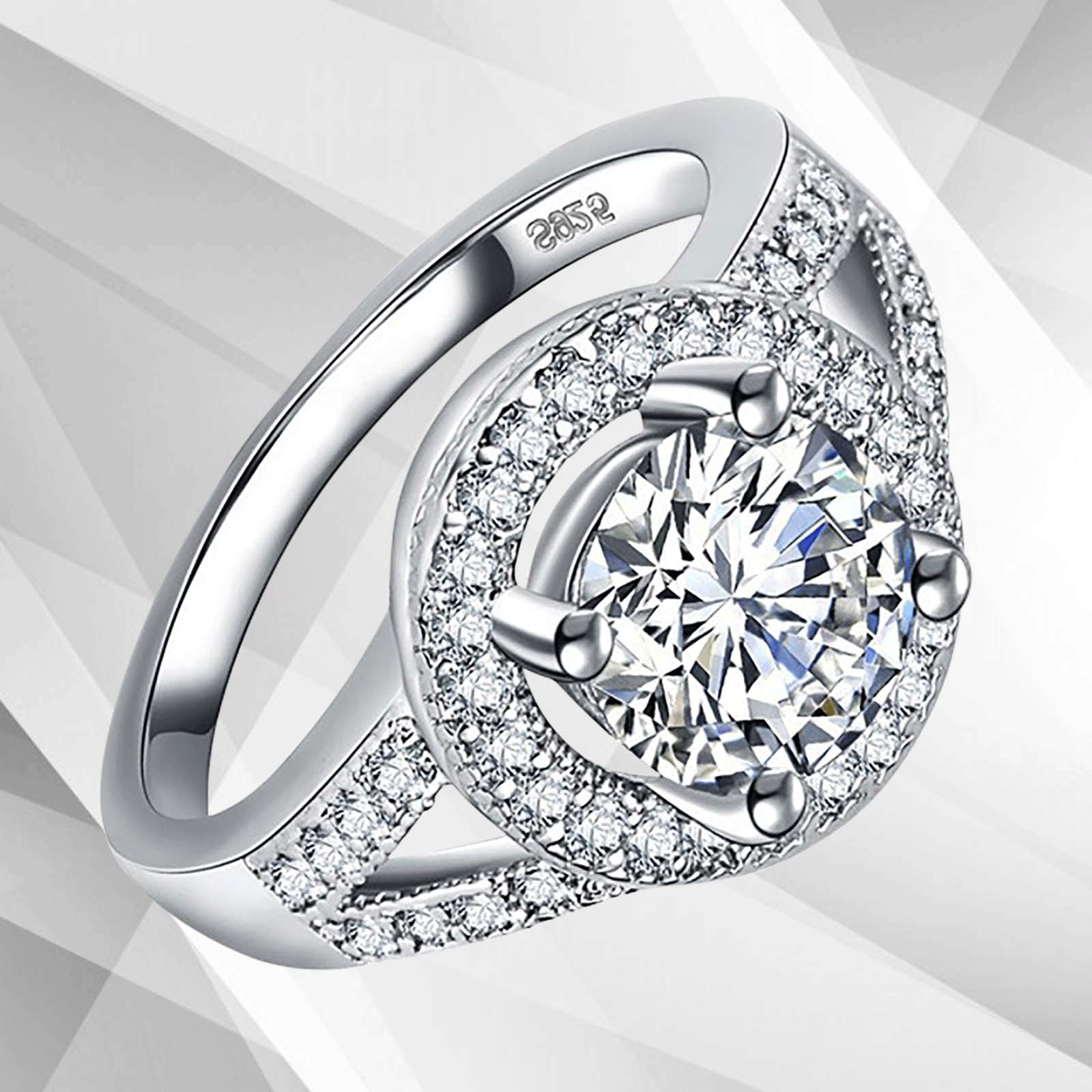 2.5Ct Round-Cut Diamonds Cushion Halo Bridal Engagement Ring in 18K white gold, featuring a central round diamond surrounded by a halo of smaller stones.