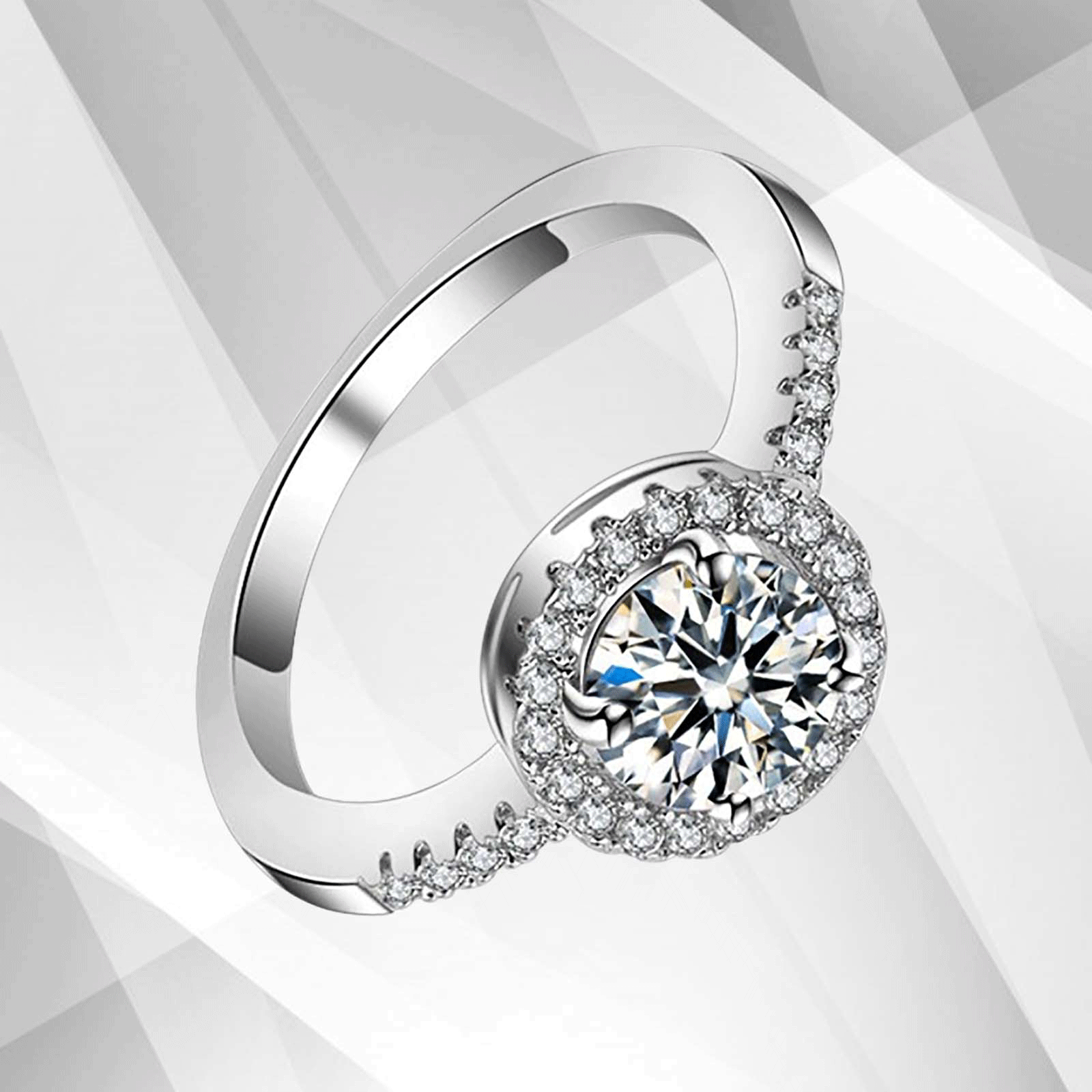 2.88Ct Large CZ Diamond Cushion Halo Bridal Engagement Ring set in 18Ct white gold over brass, featuring a round cut diamond surrounded by a halo of smaller stones.