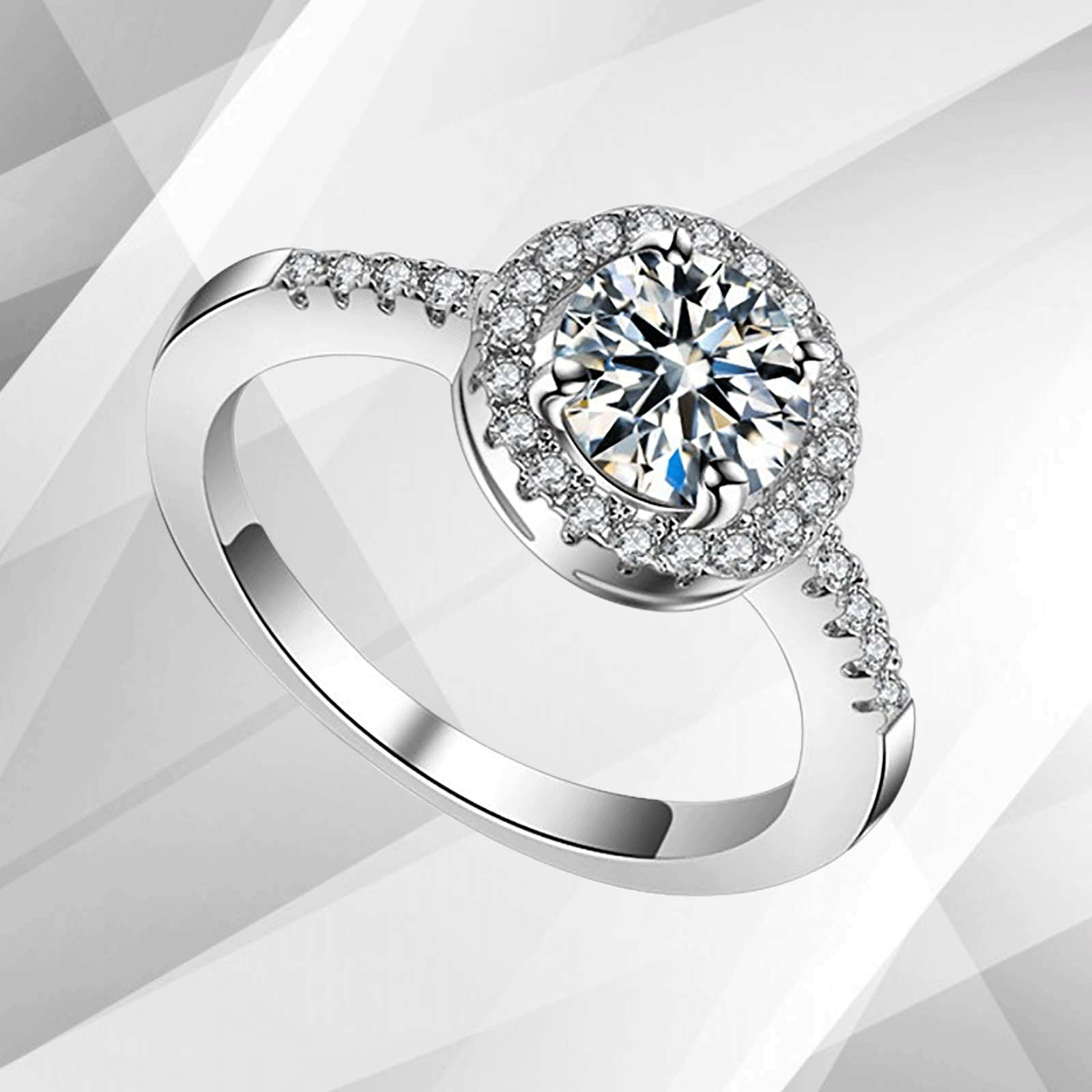 2.88Ct Large CZ Diamond Cushion Halo Bridal Engagement Ring set in 18Ct white gold over brass, featuring a round cut diamond surrounded by a halo of smaller stones.