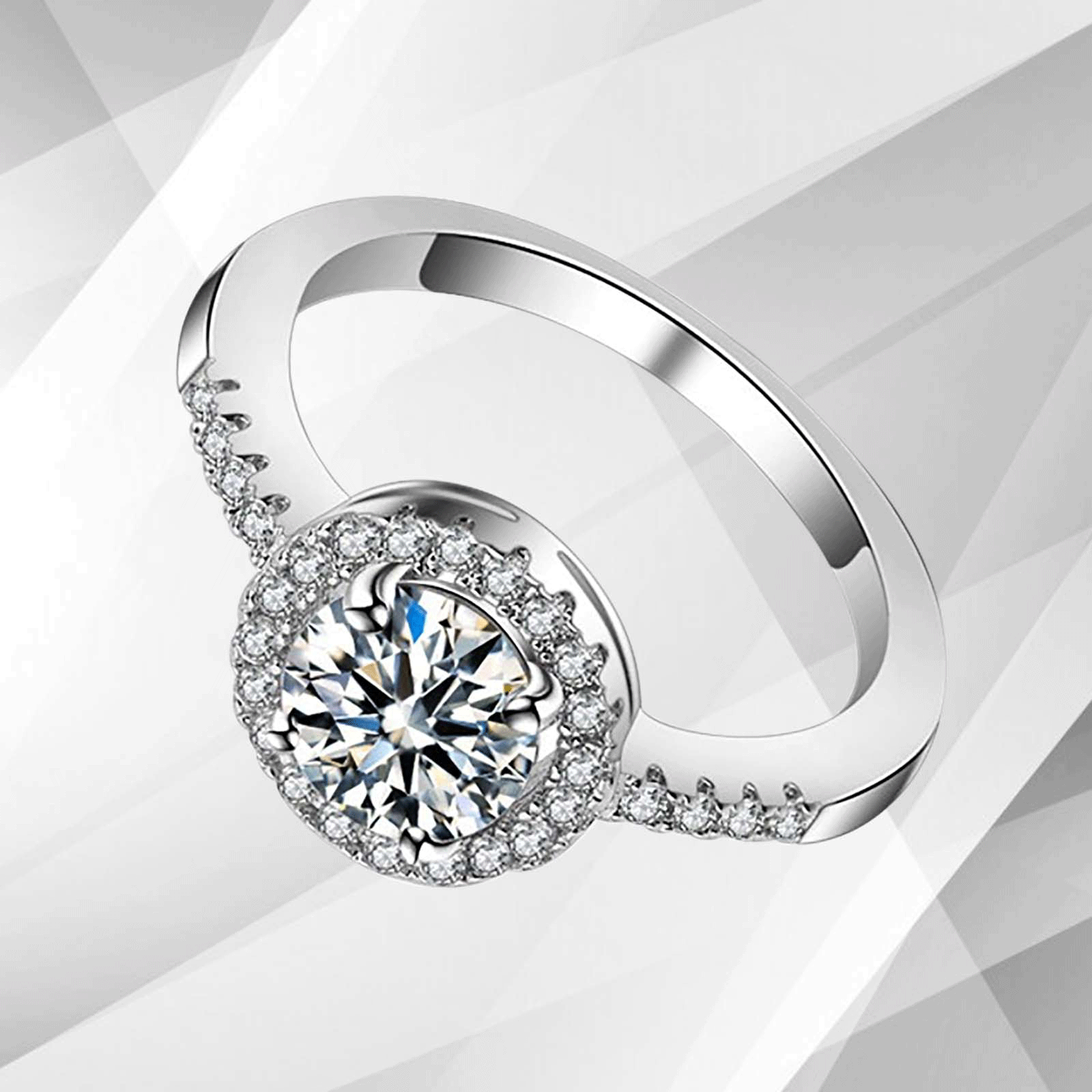 2.88Ct Large CZ Diamond Cushion Halo Bridal Engagement Ring set in 18Ct white gold over brass, featuring a round cut diamond surrounded by a halo of smaller stones.