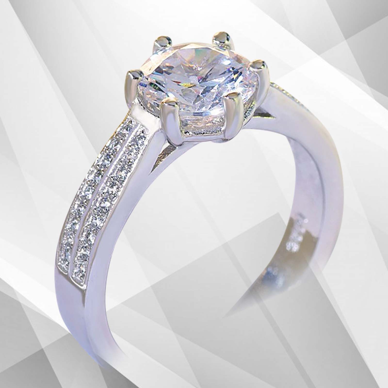 2.88Ct Round-Cut CZ Diamonds Bridal Engagement Ring in 18Ct White Gold, featuring 37 sparkling stones in a prong setting.