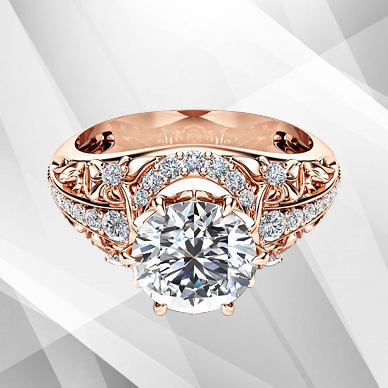 2.88Ct round-cut diamond engagement ring in 18Ct rose gold setting, showcasing exquisite craftsmanship and sparkling brilliance.