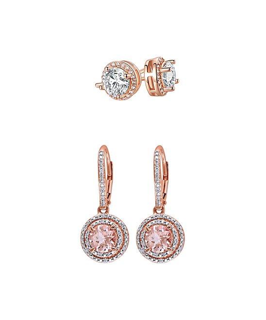 A beautiful set of 2Pairs 14K rose gold simulated morganite earrings featuring circular halo designs in Princess and Asscher cuts.