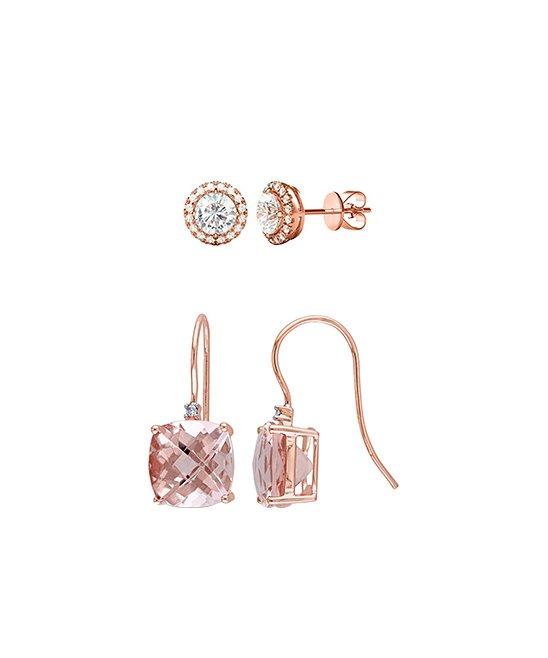 A beautiful set of 2Pairs 14K rose gold simulated morganite earrings featuring circular halo designs in Princess and Asscher cuts.