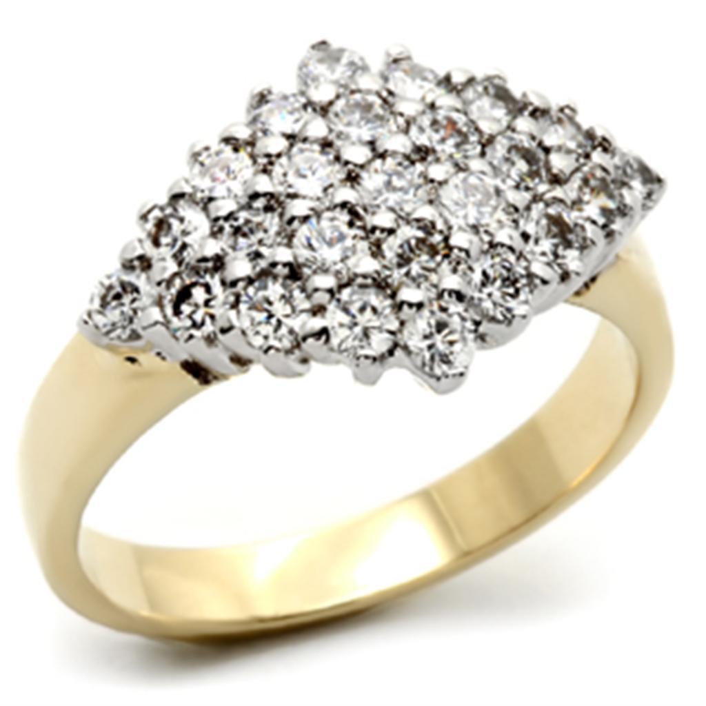 2W010 Gold and Rhodium Brass Ring featuring a clear AAA Grade CZ center stone, elegantly designed for any occasion.