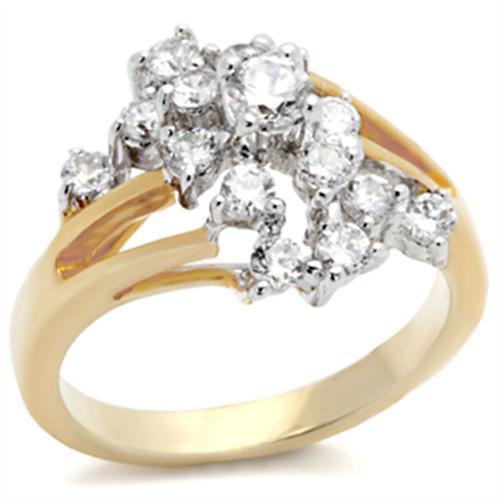 Elegant 2W023 Gold and Rhodium Brass Ring featuring a clear AAA Grade CZ stone, showcasing its luxurious finish and design.