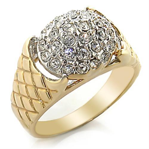 2W058 Gold and Rhodium Brass Ring featuring a clear top-grade crystal, elegantly designed for any occasion.