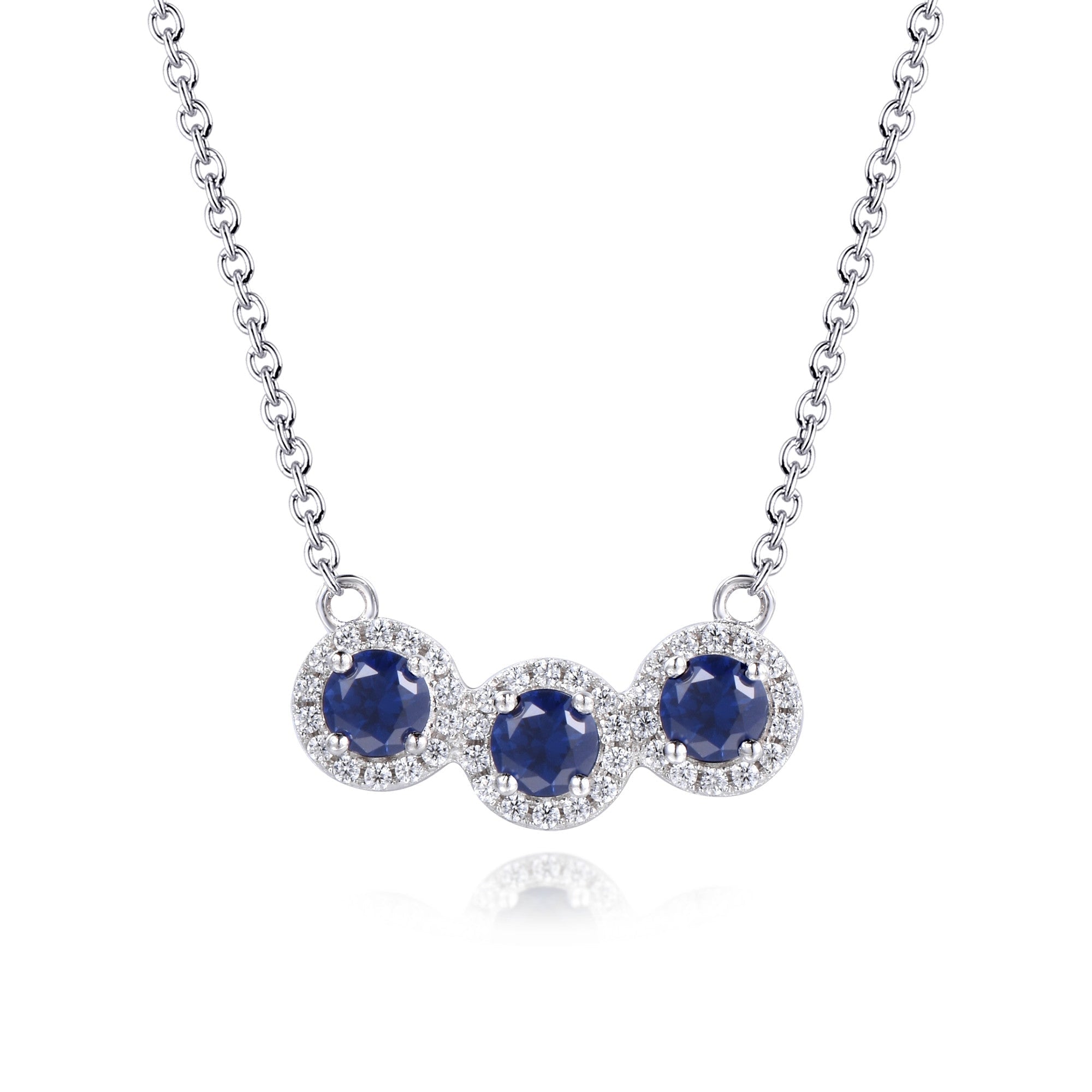 Elegant 3 circles tanzanite necklace made of sterling silver with white gold finish, featuring sparkling tanzanite and white sapphire stones.