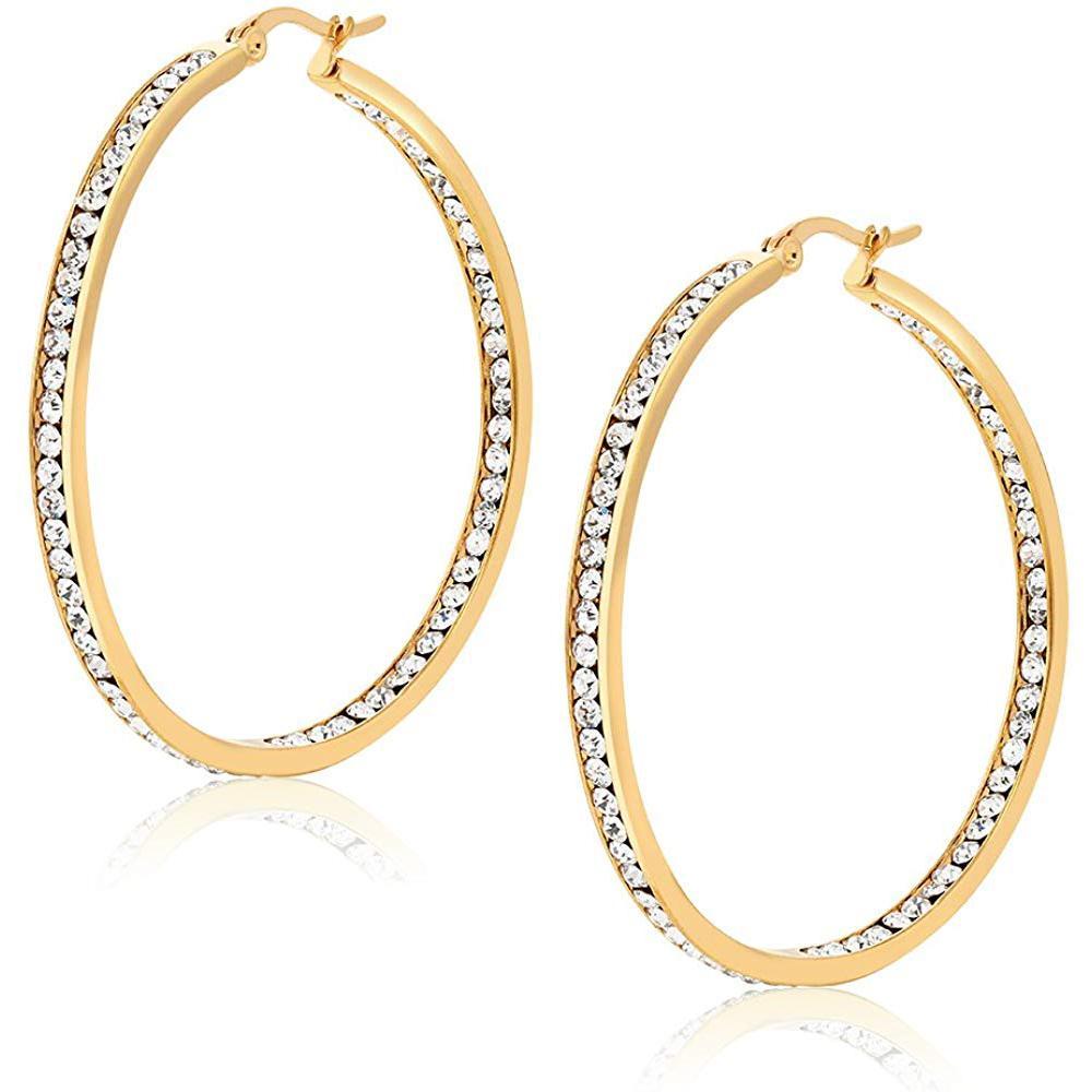 3-inch classic inside out pave hoop earrings designed in Italy, featuring 18K gold plating and embellished with sparkling Austrian crystals.