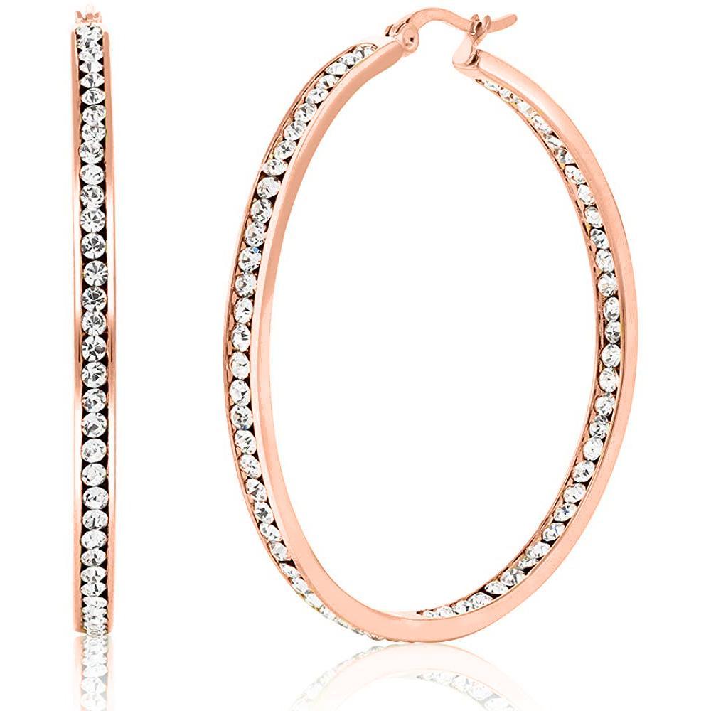 3-inch classic inside out pave hoop earrings designed in Italy, featuring 18K gold plating and embellished with sparkling Austrian crystals.