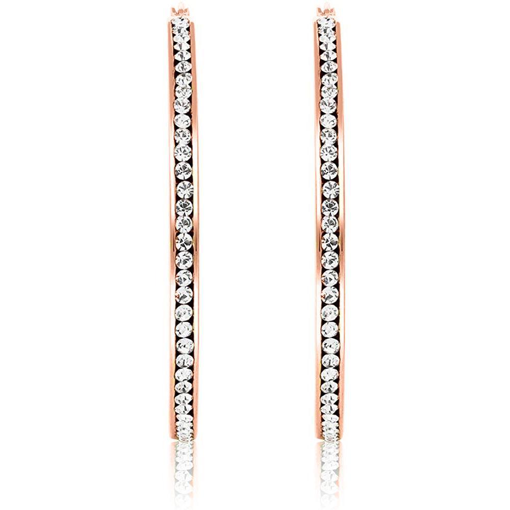 3-inch classic inside out pave hoop earrings designed in Italy, featuring 18K gold plating and embellished with sparkling Austrian crystals.