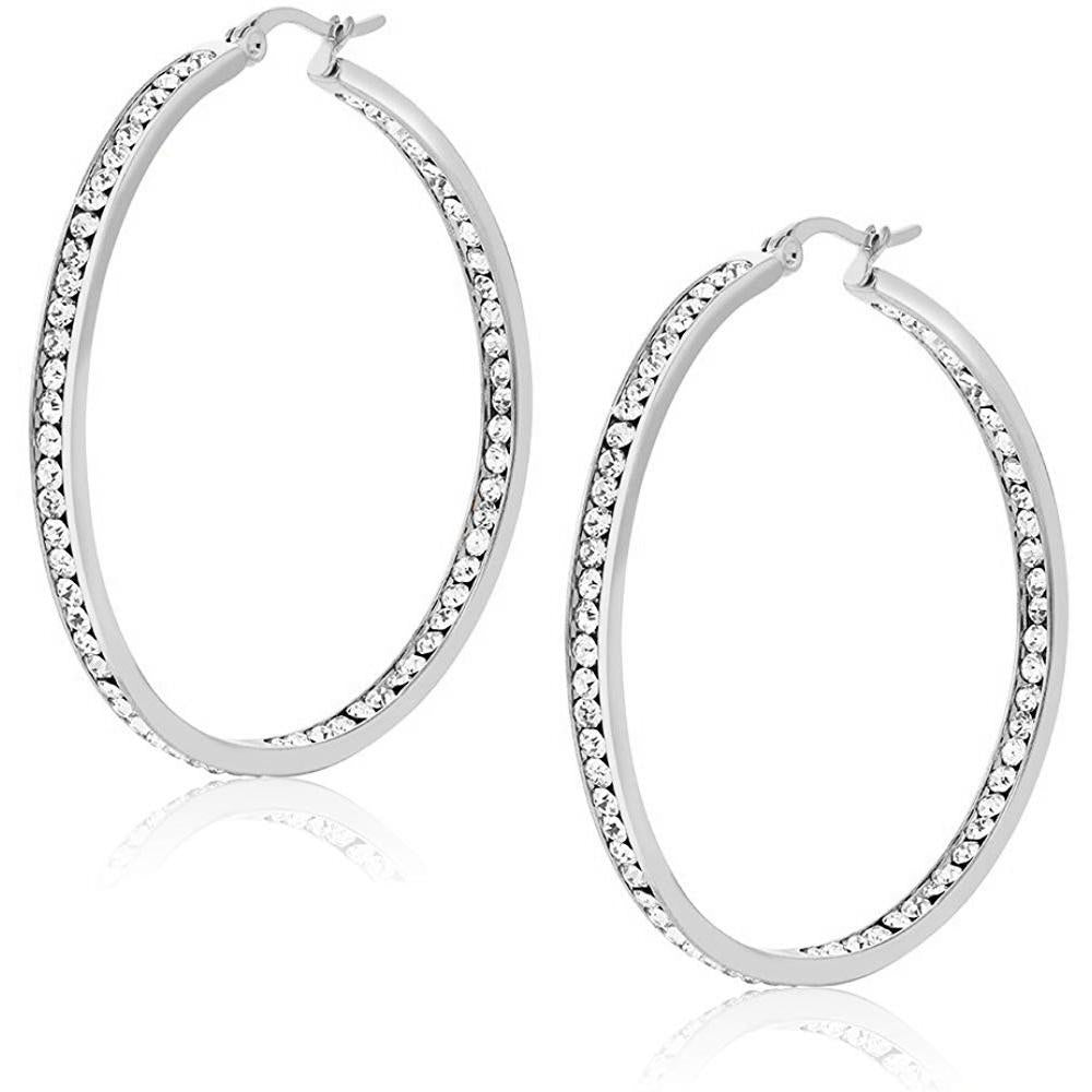 3-inch classic inside out pave hoop earrings designed in Italy, featuring 18K gold plating and embellished with sparkling Austrian crystals.