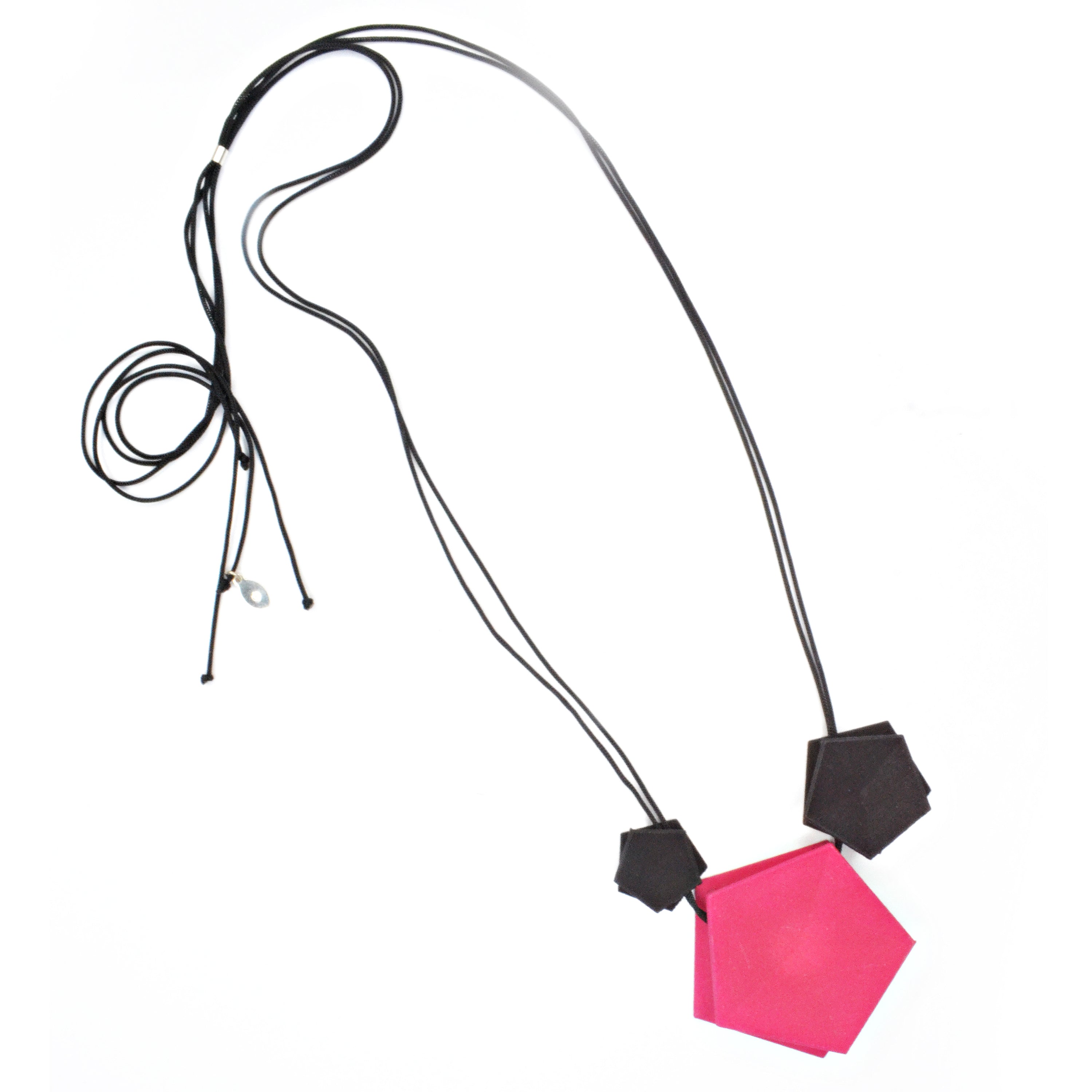 Vertigo 3 Element Necklace featuring three geometric pentagons on a black nylon cord, showcasing vibrant colors and a sterling silver bead for length adjustment.