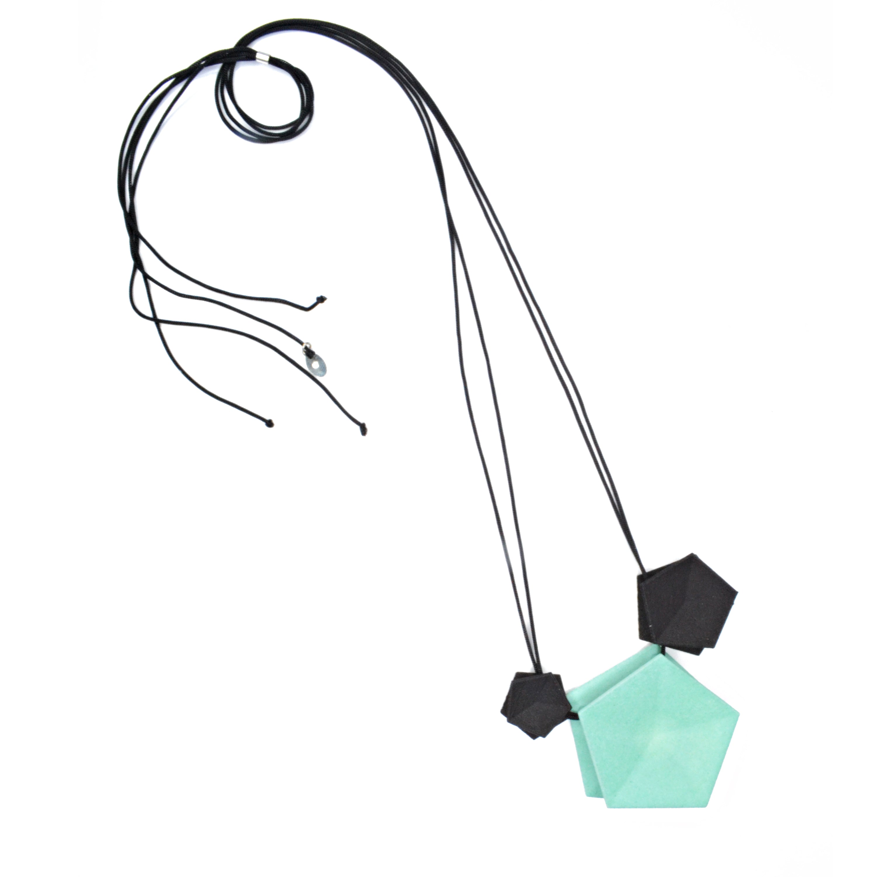 Vertigo 3 Element Necklace featuring three geometric pentagons on a black nylon cord, showcasing vibrant colors and a sterling silver bead for length adjustment.