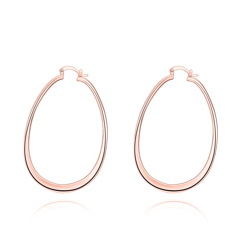 Elegant 3-inch oval hoop earrings in 18K rose gold plating with a French lock closure, showcasing a luxurious and timeless design.