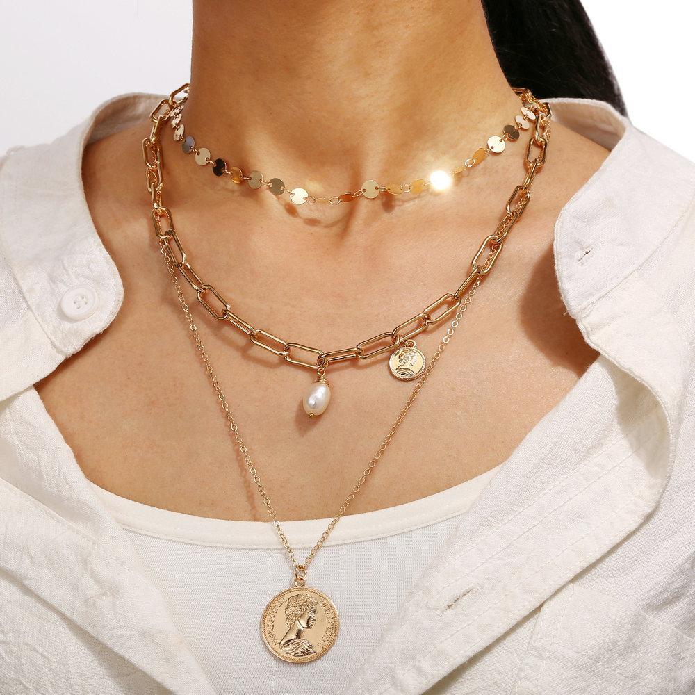 Elegant 3 Piece Coin Pearl Necklace in 18K gold plating with lobster clasp and extender.