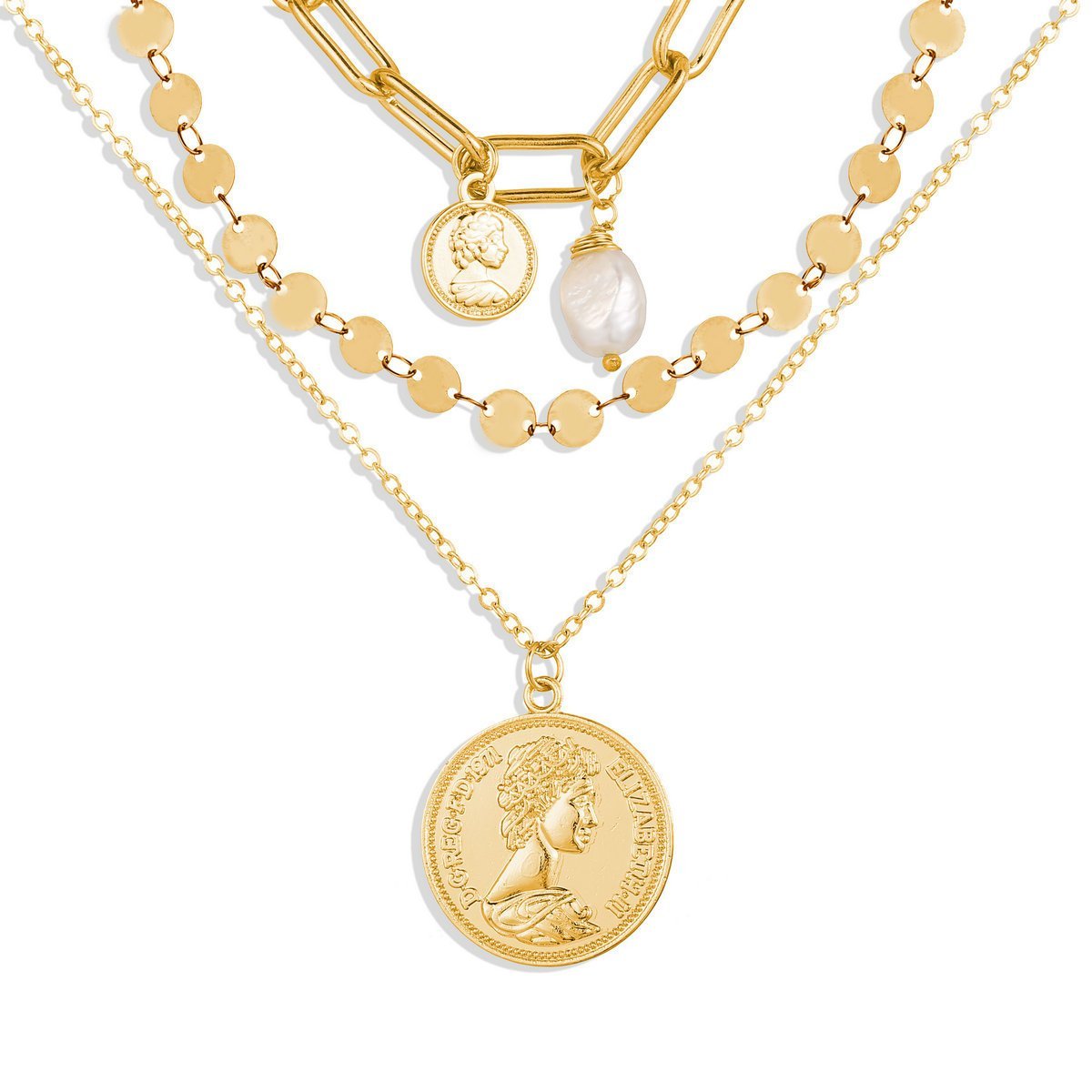 Elegant 3 Piece Coin Pearl Necklace in 18K gold plating with lobster clasp and extender.