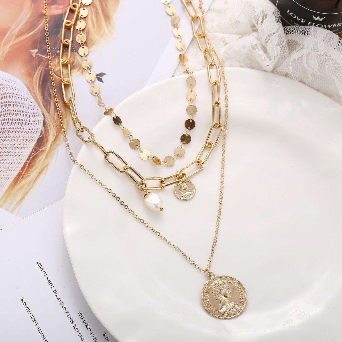 Elegant 3 Piece Coin Pearl Necklace in 18K gold plating with lobster clasp and extender.