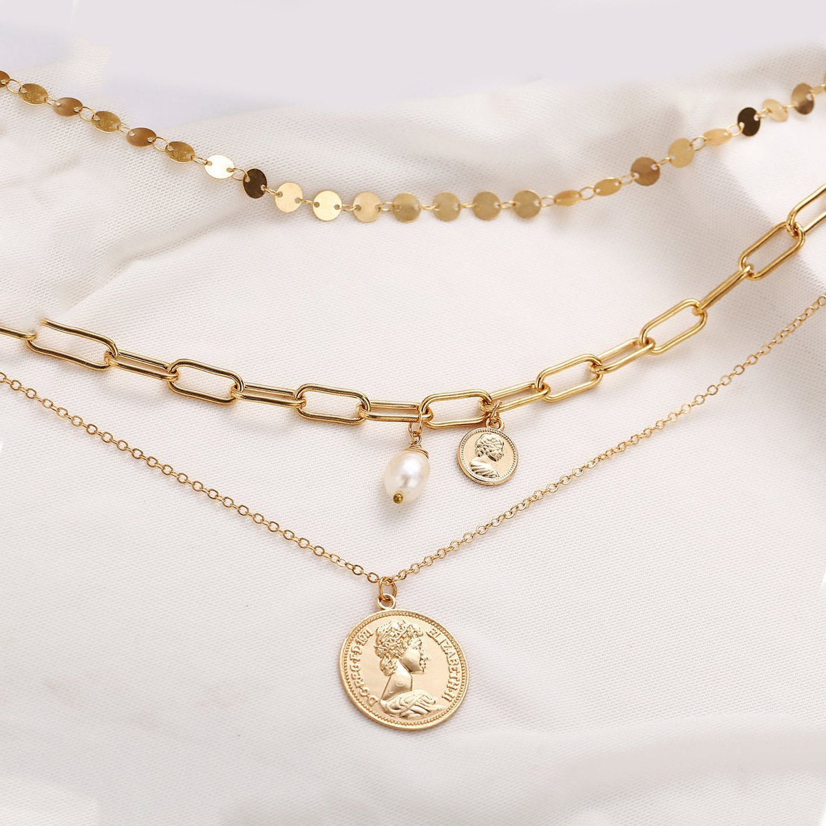 Elegant 3 Piece Coin Pearl Necklace in 18K gold plating with lobster clasp and extender.