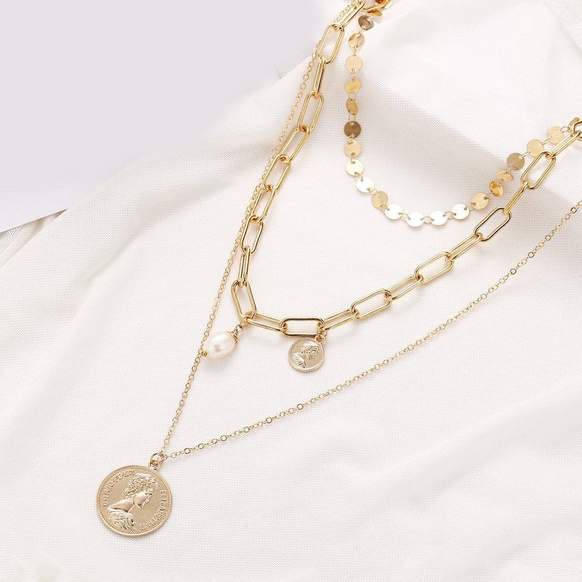 Elegant 3 Piece Coin Pearl Necklace in 18K gold plating with lobster clasp and extender.