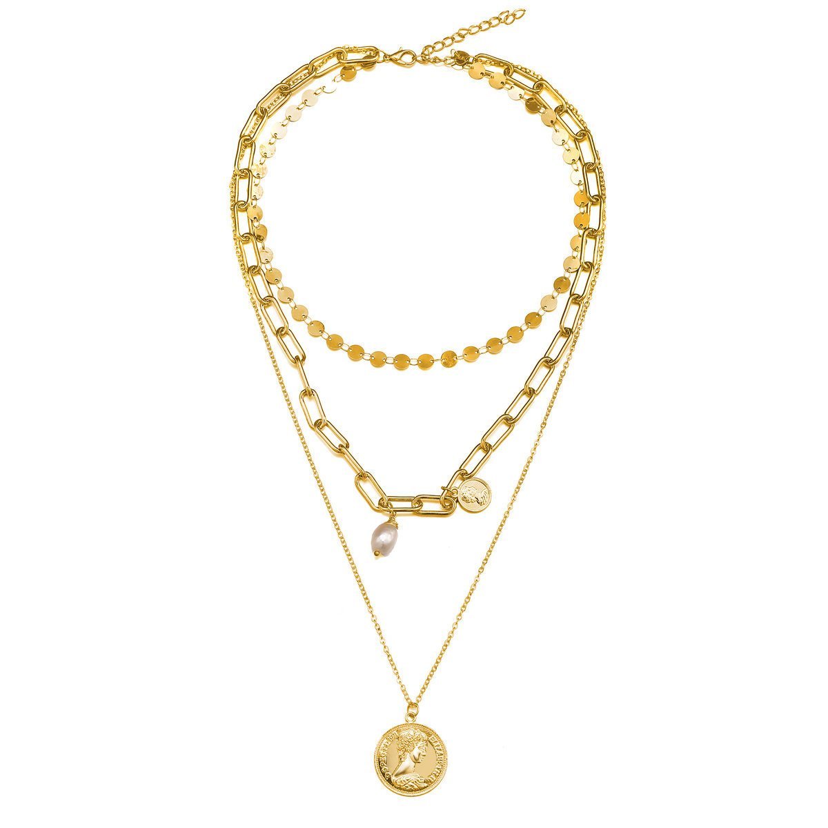 Elegant 3 Piece Coin Pearl Necklace in 18K gold plating with lobster clasp and extender.