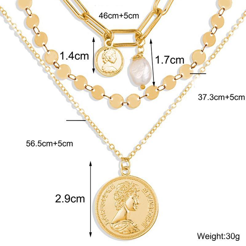 Elegant 3 Piece Coin Pearl Necklace in 18K gold plating with lobster clasp and extender.