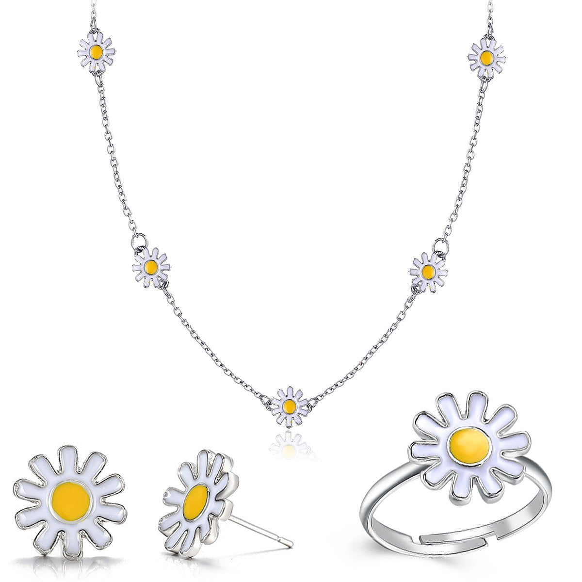 3 Piece Daisy Flower Jewelry Set in 18K white gold, featuring a necklace, earrings, and bracelet with intricate floral designs.