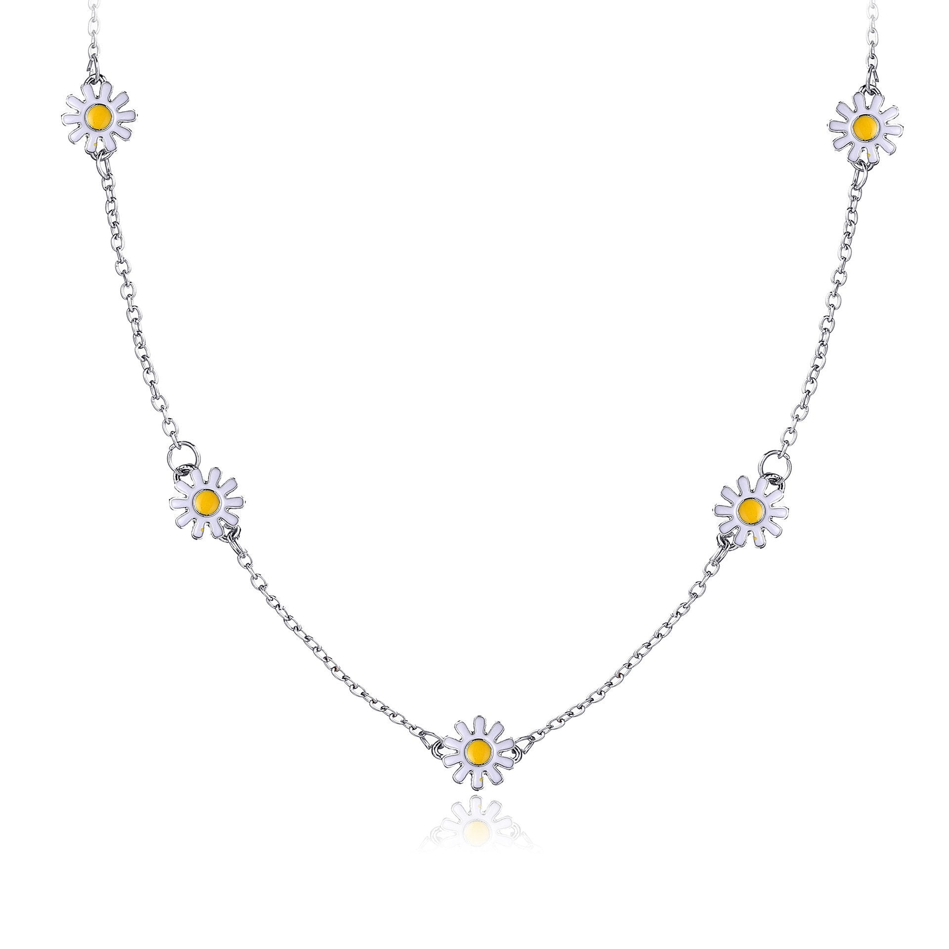 3 Piece Daisy Flower Jewelry Set in 18K white gold, featuring a necklace, earrings, and bracelet with intricate floral designs.